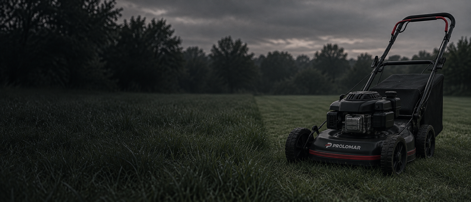 A Prolomar walk-behind mower cutting a residential lawn
