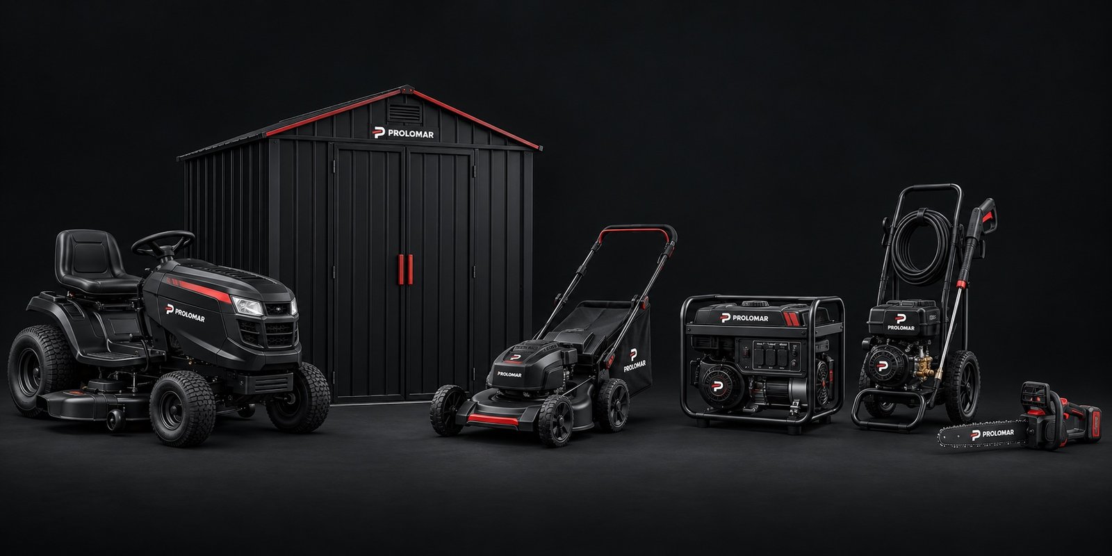 The Prolomar range — riding mower, storage shed, walk-behind mower, portable generator, pressure washer and cordless chainsaw