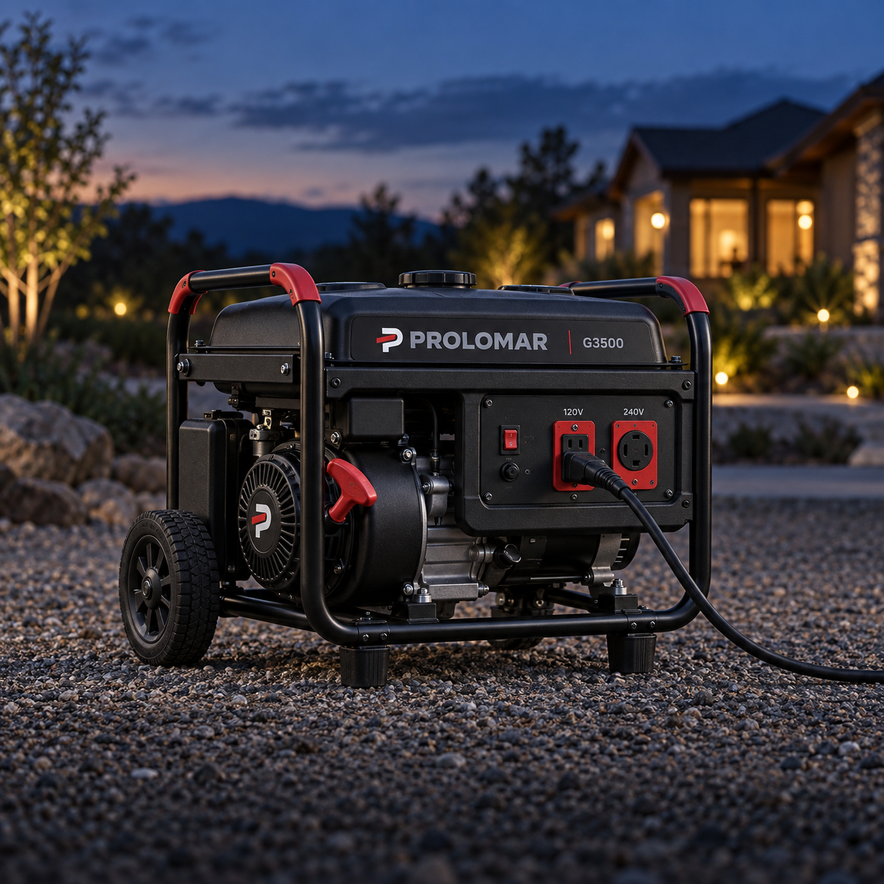 Prolomar G3500 portable generator running outside a home during an outage